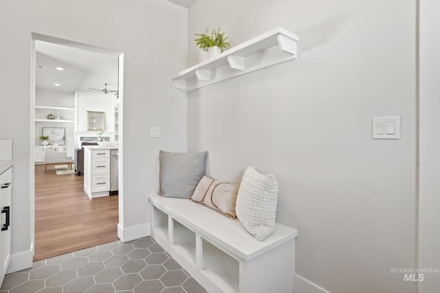mudroom featuring dark tile patterned floors, recessed lighting, baseboards, and ceiling fan