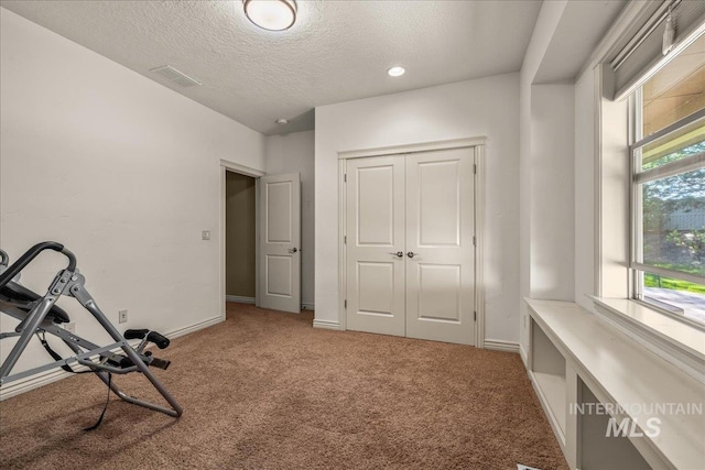 exercise area featuring light colored carpet, a textured ceiling, baseboards, and visible vents