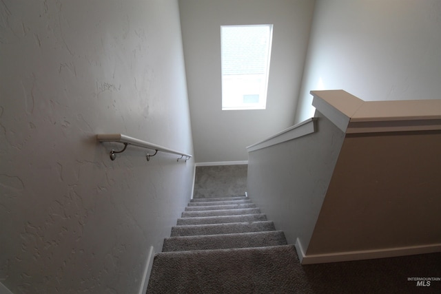 stairway with carpet floors and a textured wall