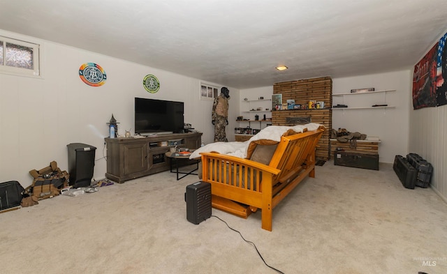 living room featuring light colored carpet