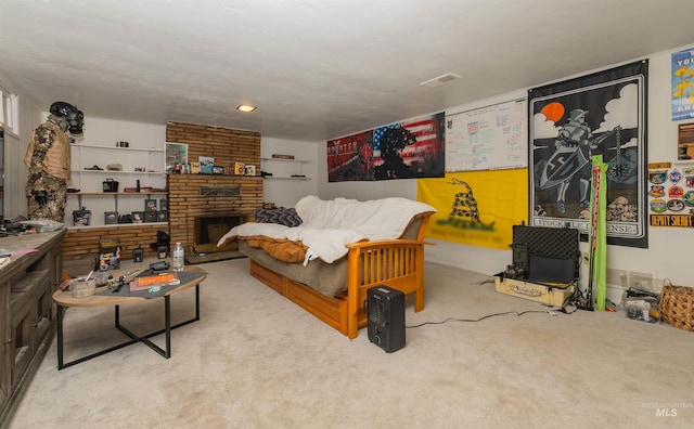 living area featuring visible vents, a brick fireplace, and carpet