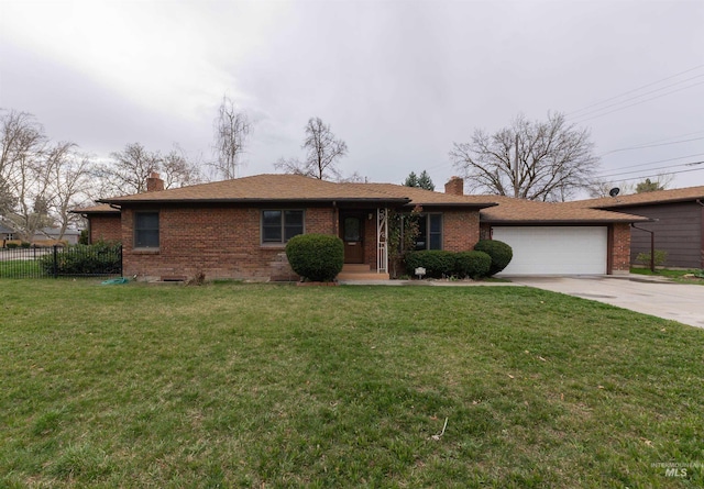 ranch-style house featuring brick siding, driveway, and a chimney