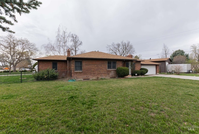 view of front of property with an attached garage, a chimney, fence, brick siding, and driveway
