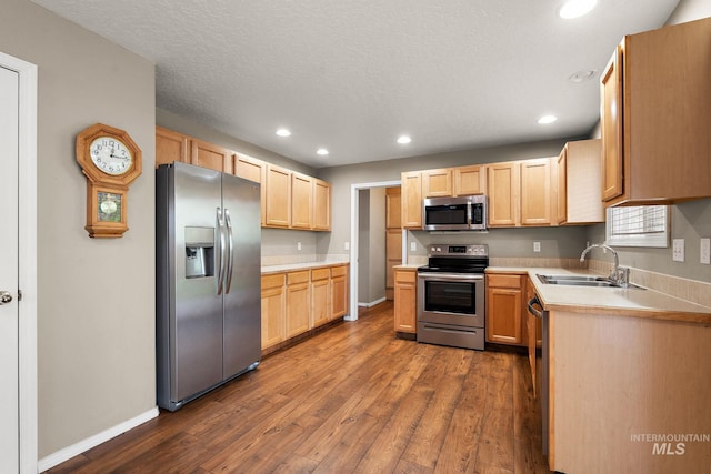 kitchen with light brown cabinets, baseboards, dark wood-type flooring, a sink, and stainless steel appliances