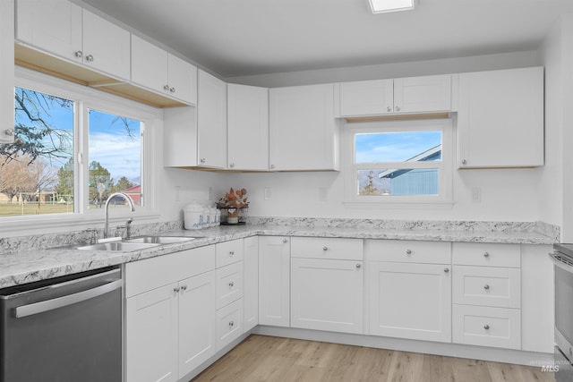 kitchen with sink, light stone counters, light wood-type flooring, dishwasher, and white cabinets