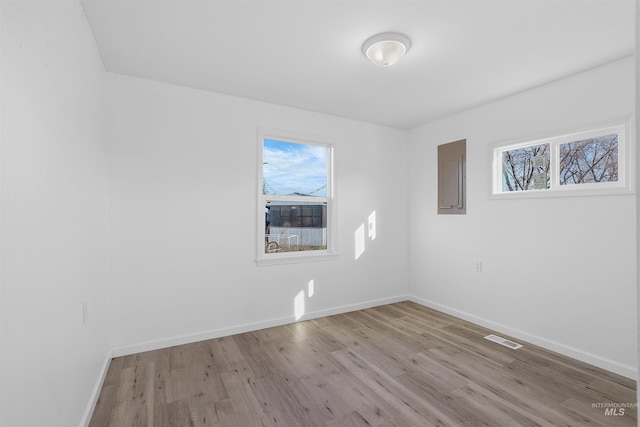 empty room with a healthy amount of sunlight, electric panel, and light wood-type flooring