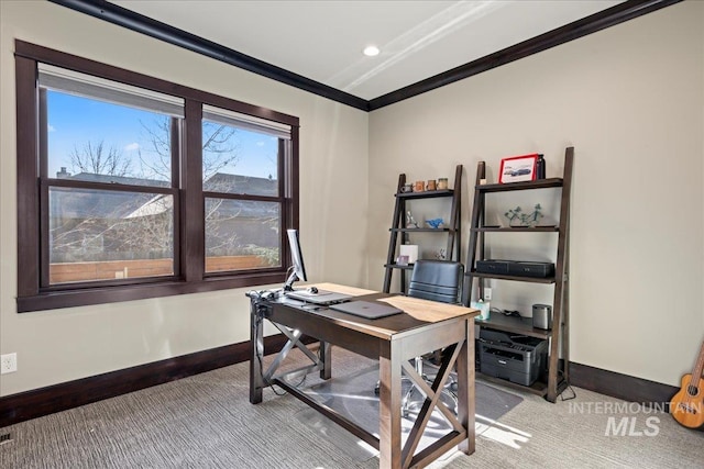 carpeted office featuring ornamental molding