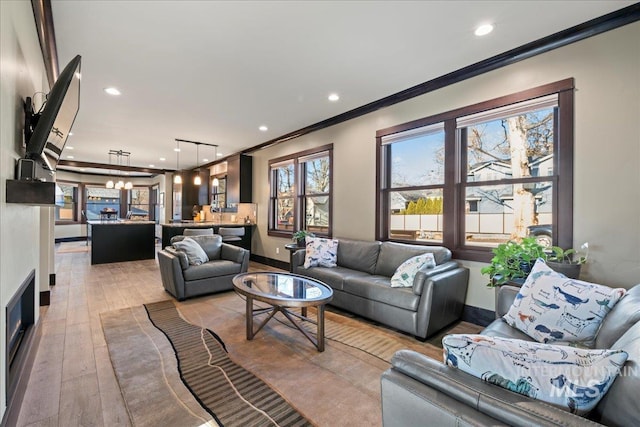 living room with a healthy amount of sunlight, crown molding, and light hardwood / wood-style flooring