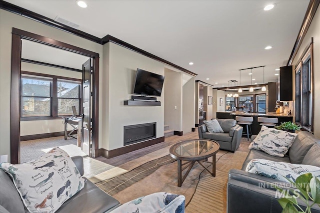 living room featuring crown molding