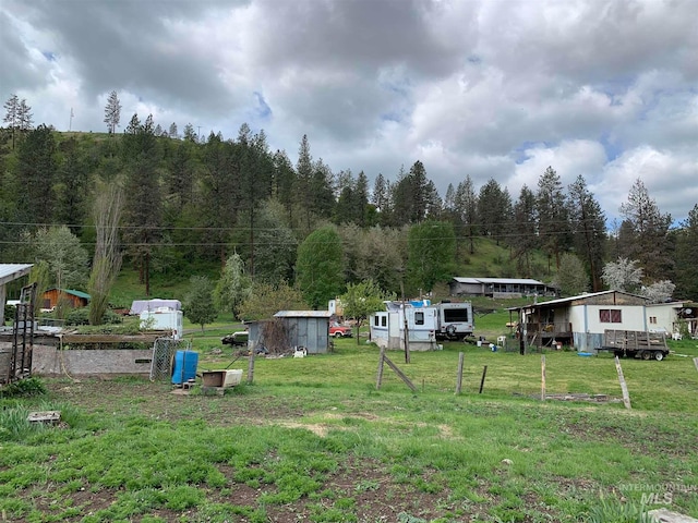 view of yard featuring a storage unit