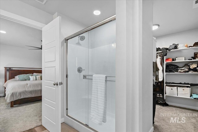 4953 W Apgar St, Meridian, ID 83646 - ensuite bathroom with a spacious closet, a stall shower, and ceiling fan