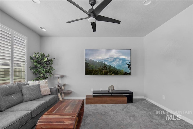 4953 W Apgar St, Meridian, ID 83646 - living area with ceiling fan, carpet flooring, a textured ceiling, and baseboards