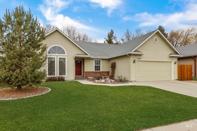 ranch-style house with an attached garage, brick siding, concrete driveway, roof with shingles, and a front lawn