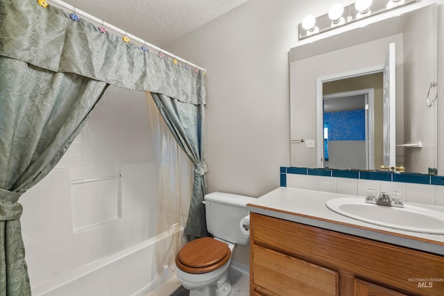 full bathroom with a textured ceiling, tasteful backsplash, vanity, and toilet