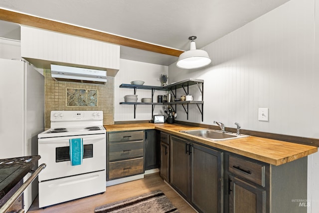 255 Seven U Ranch Rd, Lucile, ID 83542 - kitchen featuring wood counters, exhaust hood, white electric range, and a sink