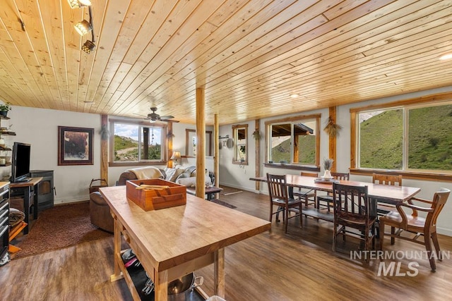 255 Seven U Ranch Rd, Lucile, ID 83542 - dining room with wooden ceiling, wood finished floors, baseboards, and ceiling fan