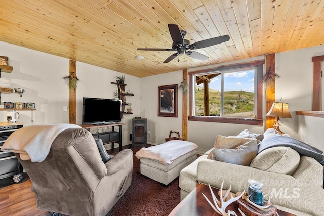255 Seven U Ranch Rd, Lucile, ID 83542 - living area featuring wooden ceiling, ceiling fan, a wood stove, vaulted ceiling, and wood finished floors