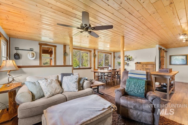 255 Seven U Ranch Rd, Lucile, ID 83542 - living room featuring wooden ceiling, ceiling fan, and wood finished floors