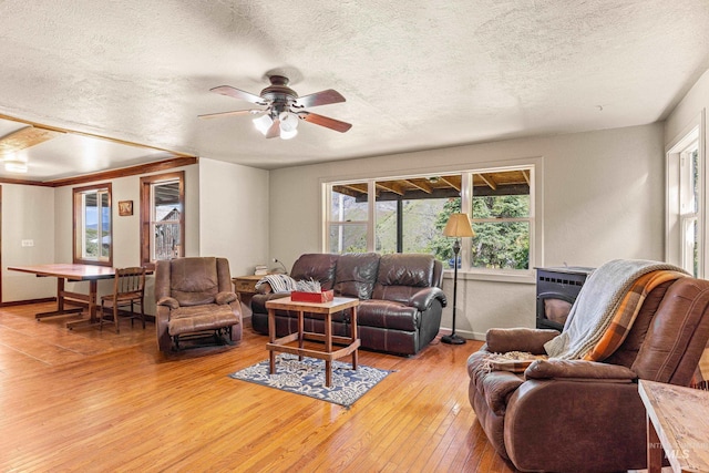 255 Seven U Ranch Rd, Lucile, ID 83542 - living room featuring light wood-style flooring, a textured ceiling, a wood stove, ceiling fan, and healthy amount of natural light