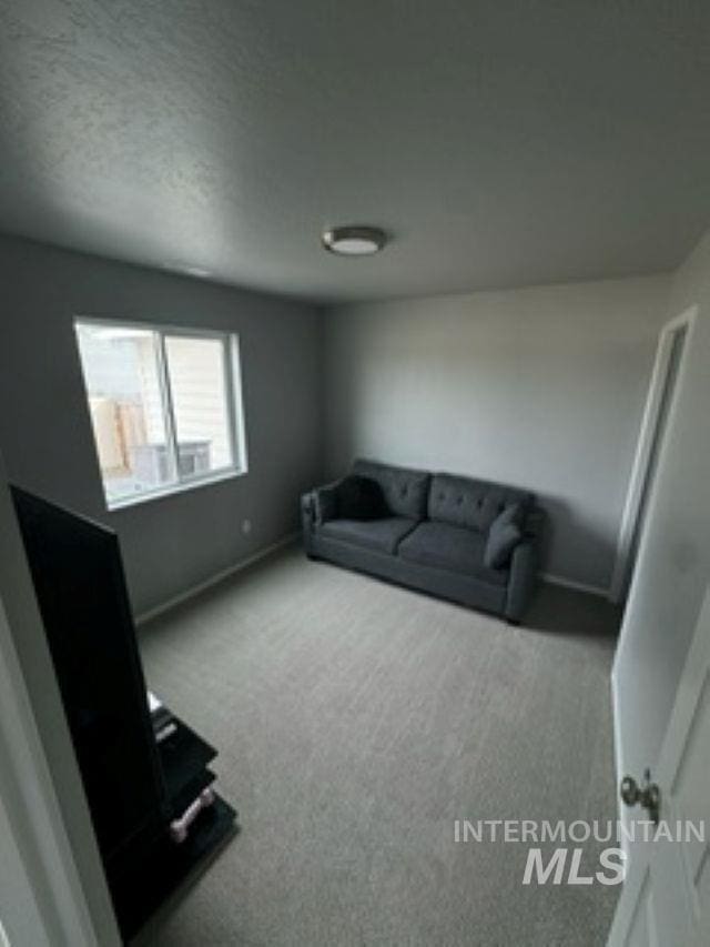 living area with baseboards and carpet flooring