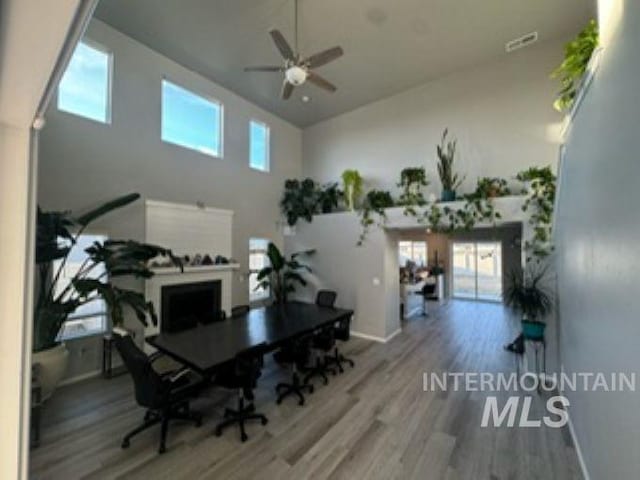 home office with wood finished floors, a healthy amount of sunlight, ceiling fan, and a fireplace