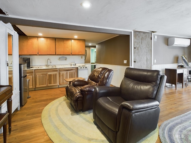 living room featuring sink, a wall unit AC, and light wood-type flooring