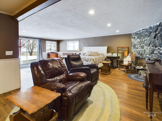 living room featuring a stone fireplace and light hardwood / wood-style floors