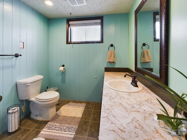 bathroom featuring vanity, toilet, and a textured ceiling