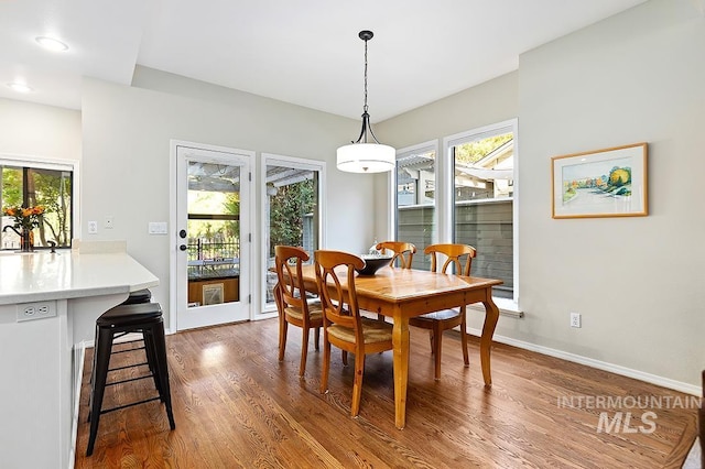 dining room with plenty of natural light, baseboards, and wood finished floors