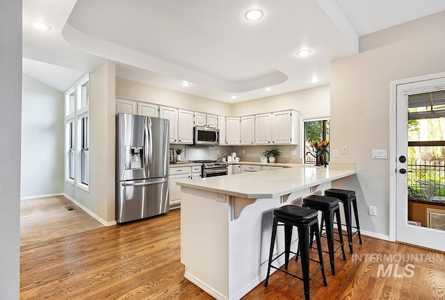 kitchen with white cabinets, a peninsula, stainless steel appliances, and light countertops