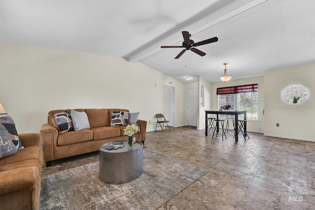 living room with ceiling fan, baseboards, and vaulted ceiling with beams