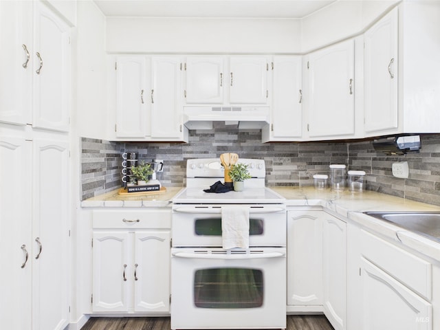 1929 S 2350 E, Malta, ID 83342 - kitchen with range with two ovens, under cabinet range hood, white cabinetry, light countertops, and tasteful backsplash