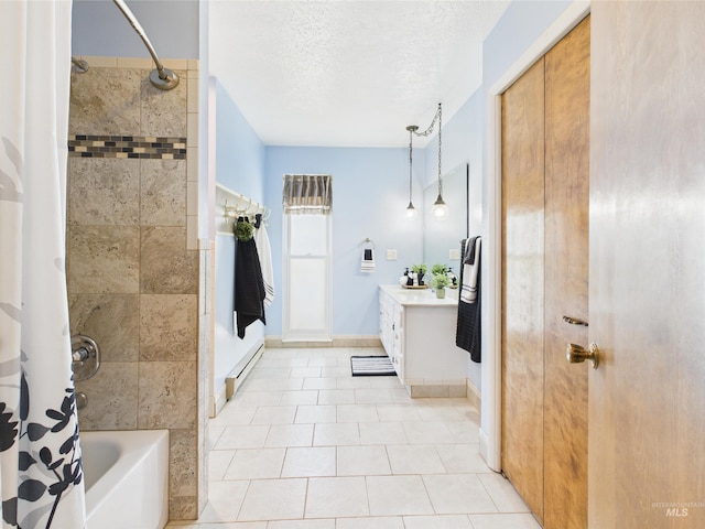 1929 S 2350 E, Malta, ID 83342 - full bathroom featuring a baseboard radiator, vanity, shower / bathtub combination with curtain, a textured ceiling, and tile patterned floors