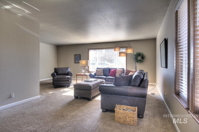 living room featuring carpet flooring, a textured wall, a textured ceiling, and baseboards
