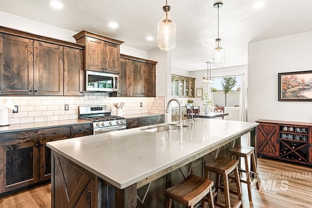 59 S Ravine Way, Nampa, ID 83687 - kitchen featuring stainless steel appliances, a sink, light wood-style flooring, tasteful backsplash, and a center island with sink