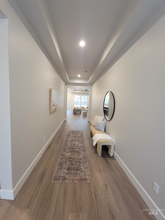 corridor featuring wood-type flooring and a raised ceiling