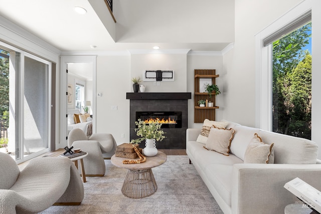 3051 S Sedgebrook Ln, Eagle, ID 83616 - living area featuring a tiled fireplace, plenty of natural light, ornamental molding, wood finished floors, and recessed lighting