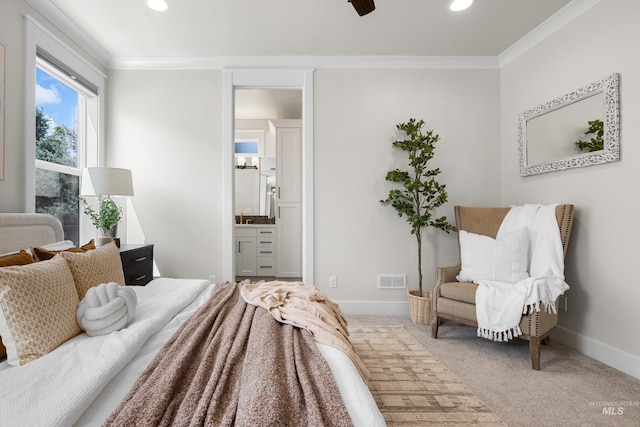 3051 S Sedgebrook Ln, Eagle, ID 83616 - carpeted bedroom with crown molding, baseboards, recessed lighting, and ensuite bathroom