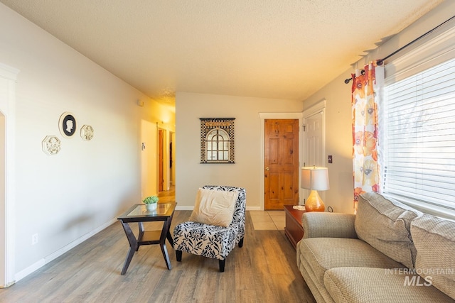 sitting room with wood-type flooring and a textured ceiling