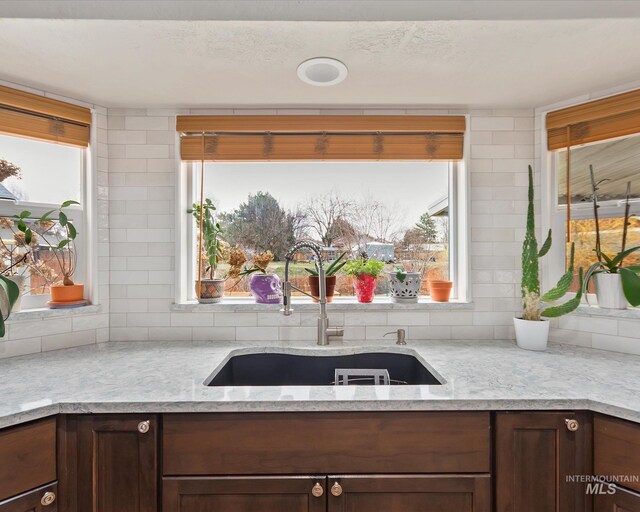 kitchen with a sink, tasteful backsplash, and dark brown cabinetry