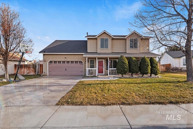 front facade featuring covered porch, a garage, and a front lawn