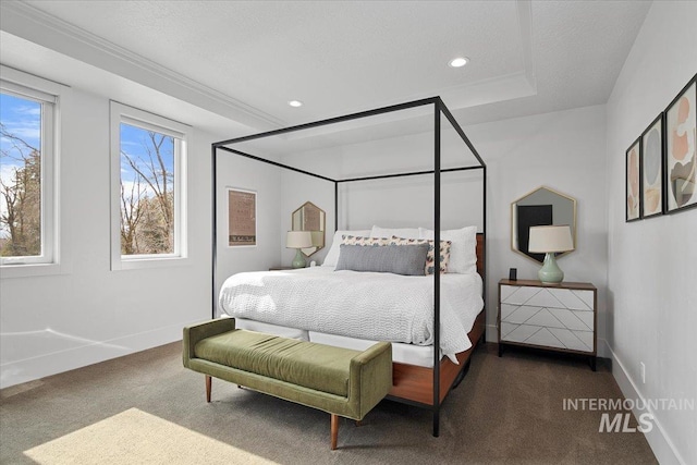 carpeted bedroom featuring crown molding, recessed lighting, and baseboards