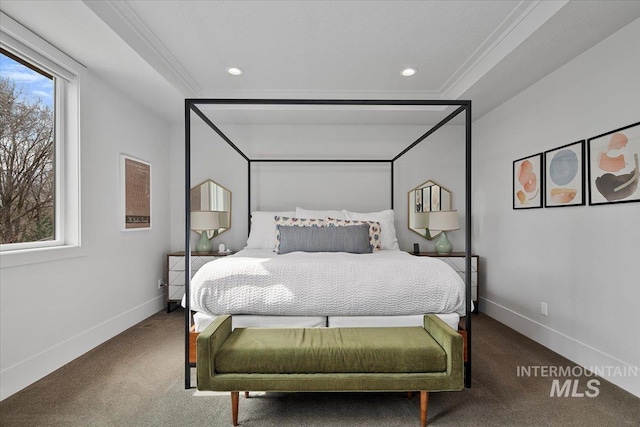 carpeted bedroom featuring recessed lighting, baseboards, and crown molding