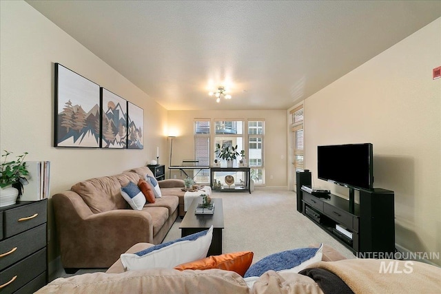 living room featuring light colored carpet