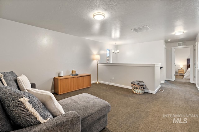 1873 W American Fork Dr, Meridian, ID 83642 - living area with dark colored carpet, baseboards, a chandelier, an upstairs landing, and a textured ceiling