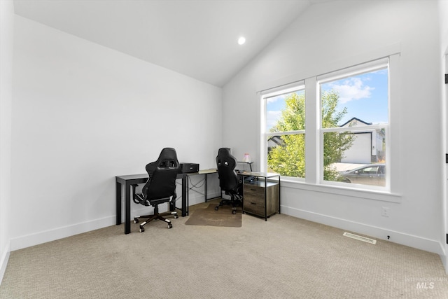 carpeted office featuring recessed lighting, visible vents, high vaulted ceiling, and baseboards