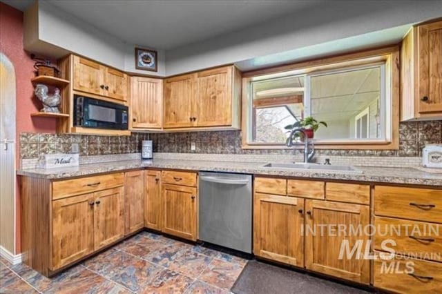 3845 S Powerline, Melba, ID 83641 - kitchen with dishwasher, black microwave, a sink, backsplash, and light stone counters
