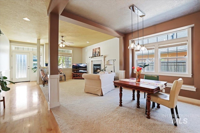2260 N Eagle Creek Ln, Eagle, ID 83616 - carpeted dining space with a textured ceiling, a glass covered fireplace, a ceiling fan, recessed lighting, and baseboards