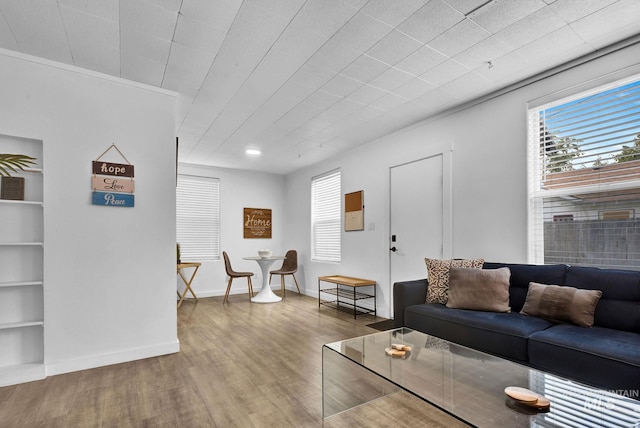 living area featuring baseboards and wood finished floors