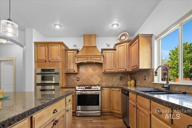 6370 E Escarpment Ct, Boise, ID 83716 - kitchen featuring appliances with stainless steel finishes, custom range hood, a sink, dark wood-style flooring, and tasteful backsplash